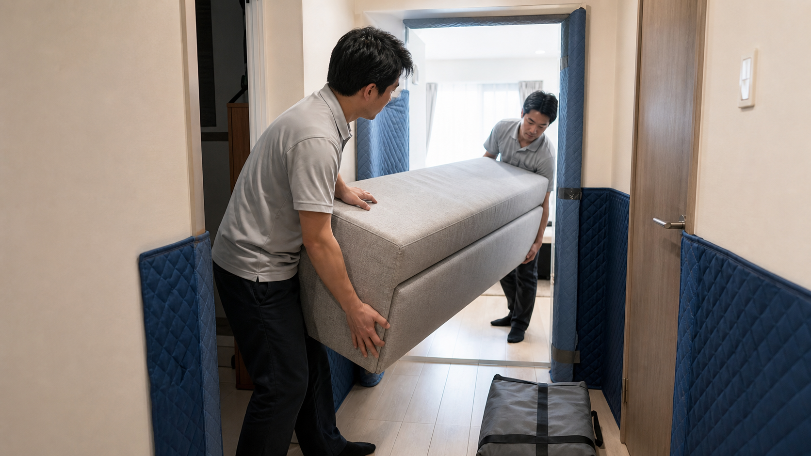 脚を外したソファベッドを狭い玄関から搬入する様子