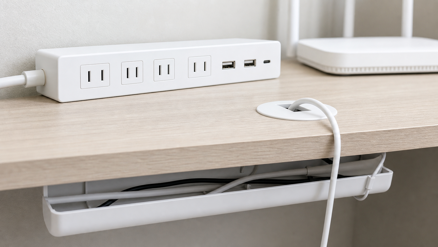 電源タップとUSBポートを整理した民泊デスク
