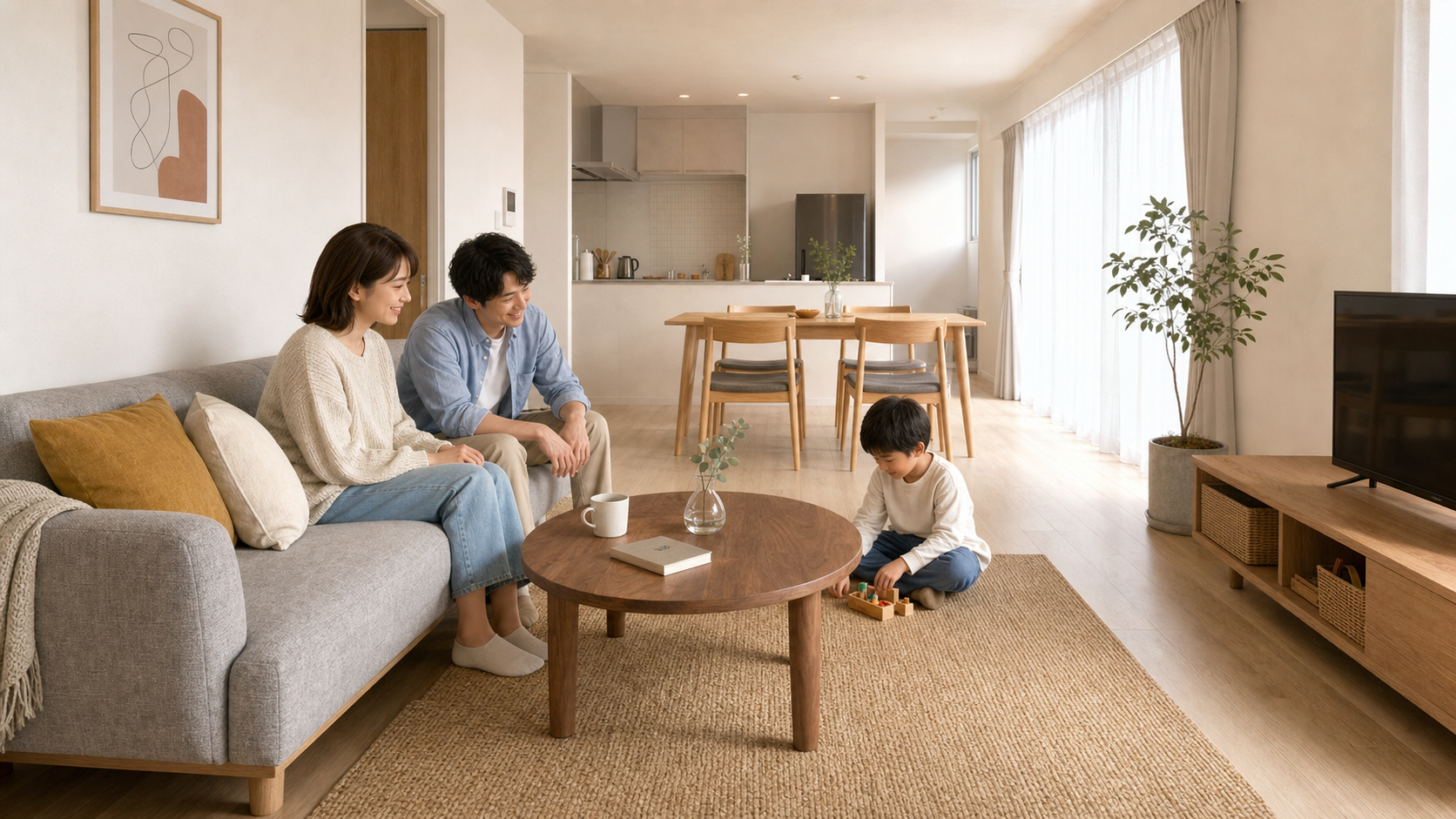 家族で過ごせる家具を配置した民泊1LDKのリビングダイニング
