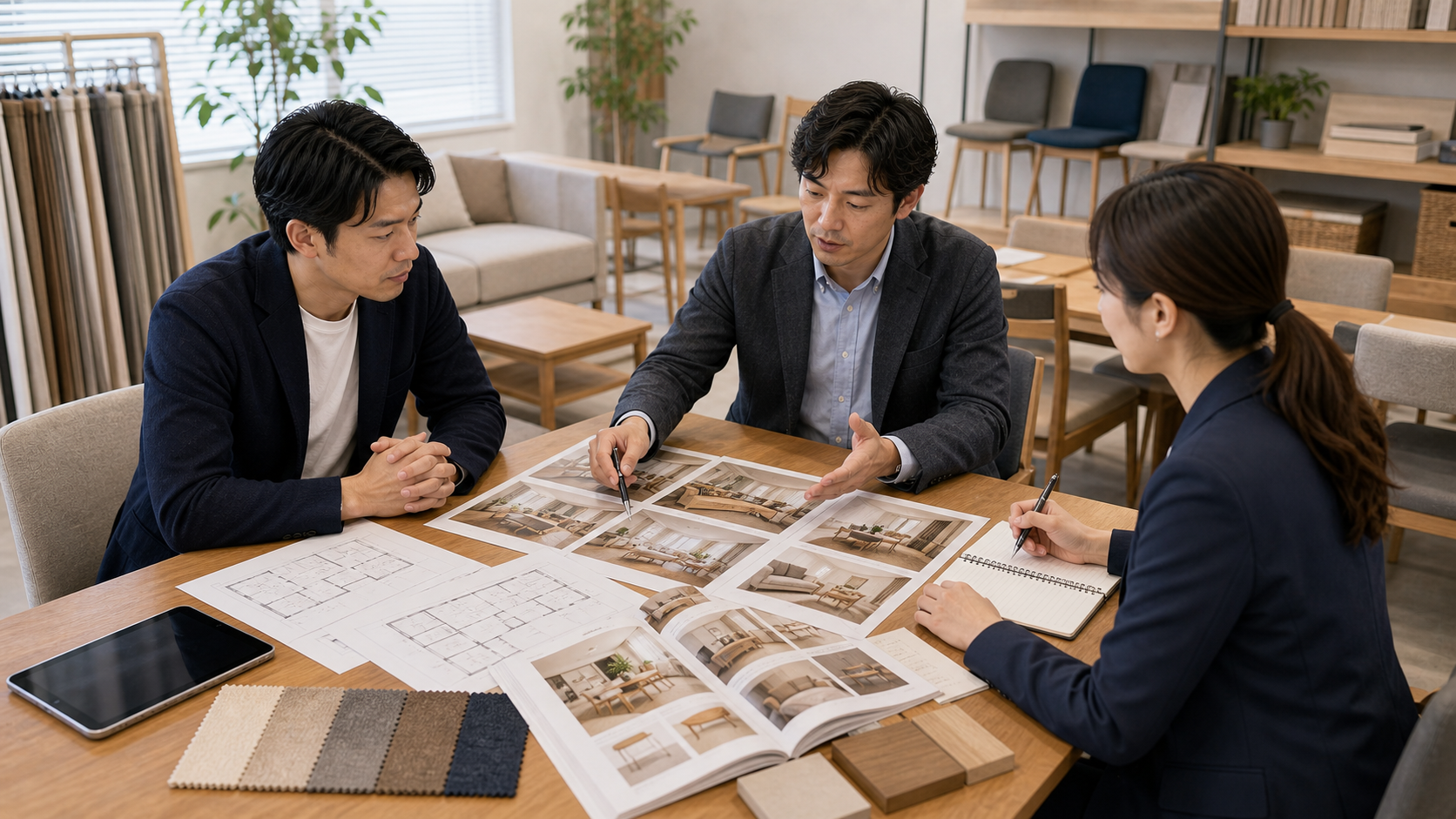 複数物件の家具調達を相談するオーナーと卸業者