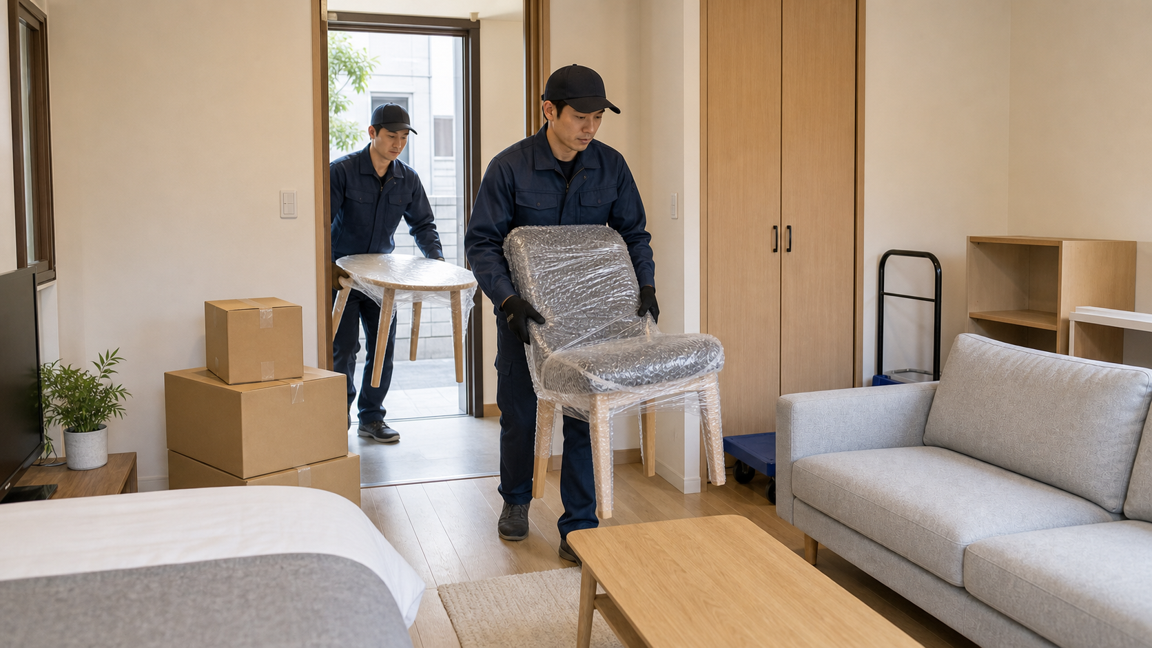 レンタル家具を民泊物件へ搬入するスタッフ
