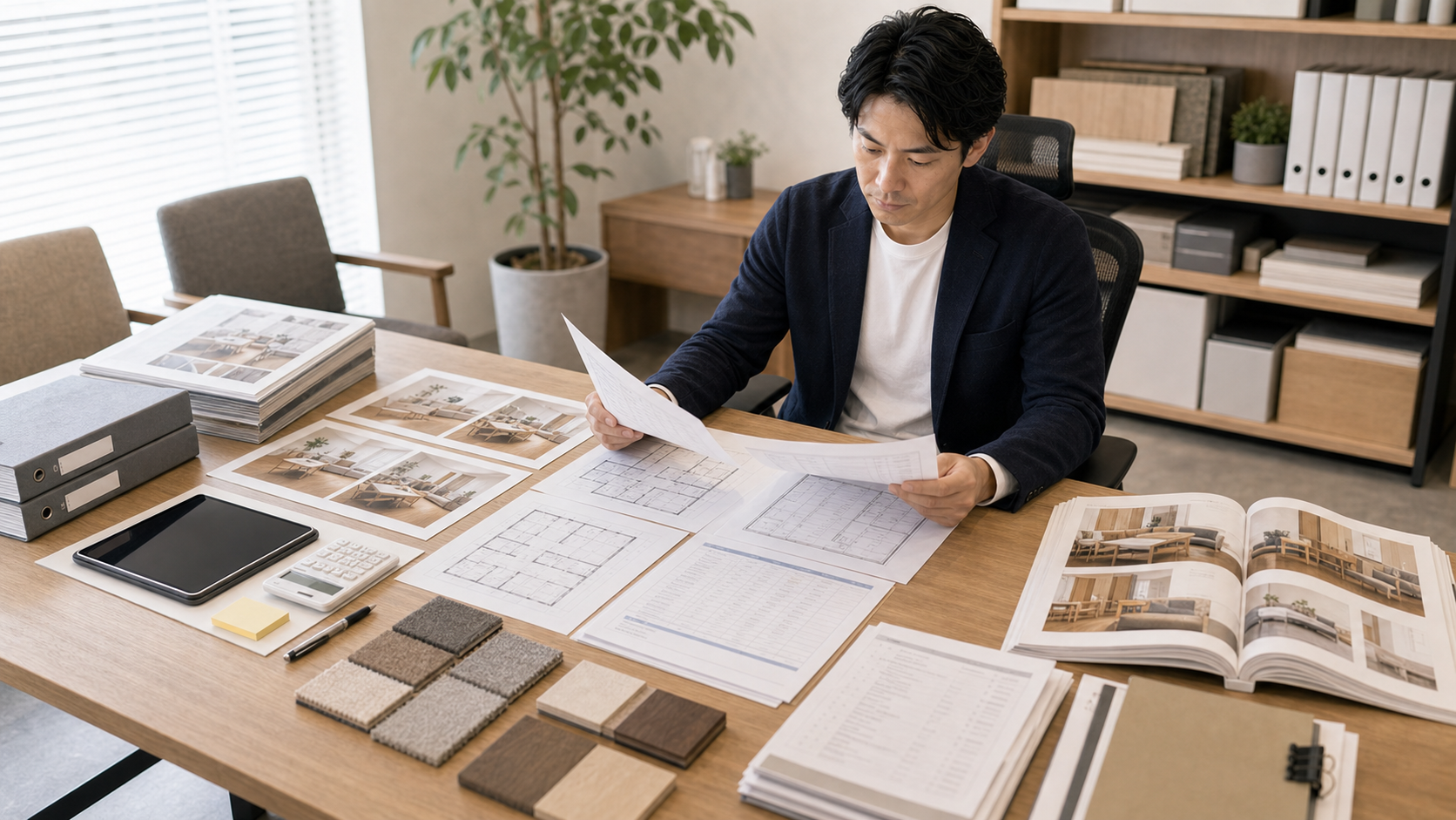 民泊運営会社の担当者が家具調達と請求書類を確認する様子