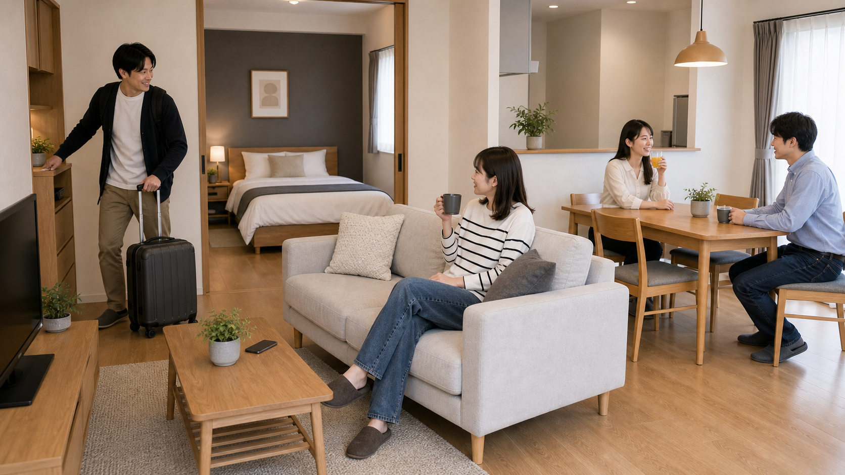 複数のゲストが民泊の家具を使用する様子