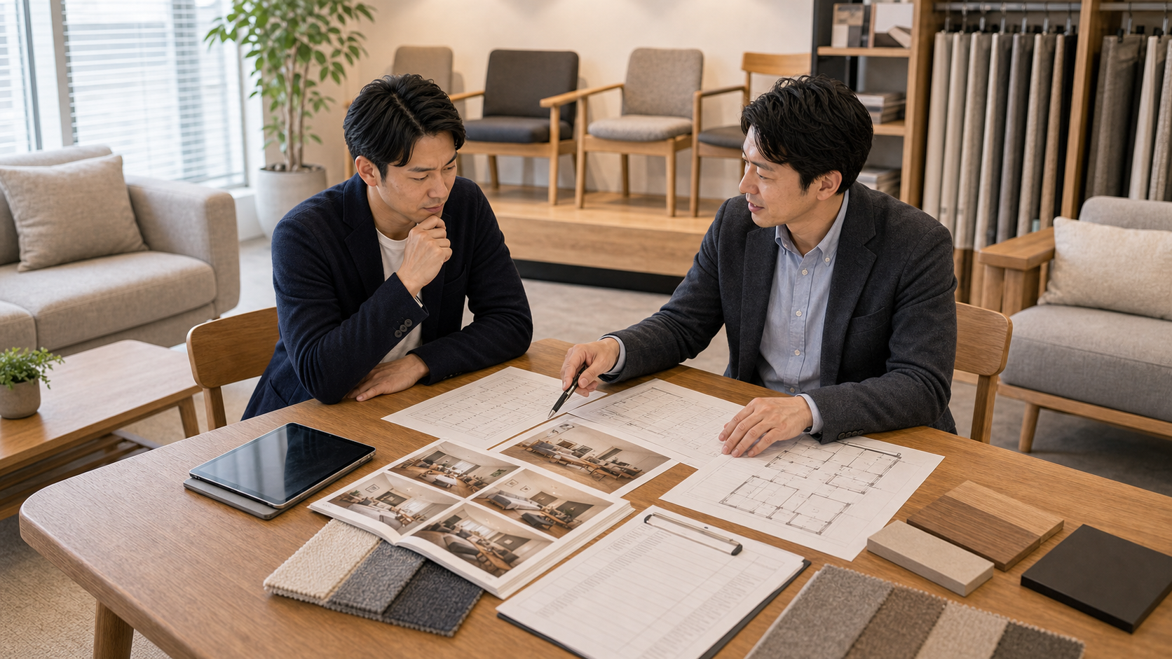民泊家具の一括調達を卸業者へ相談する様子