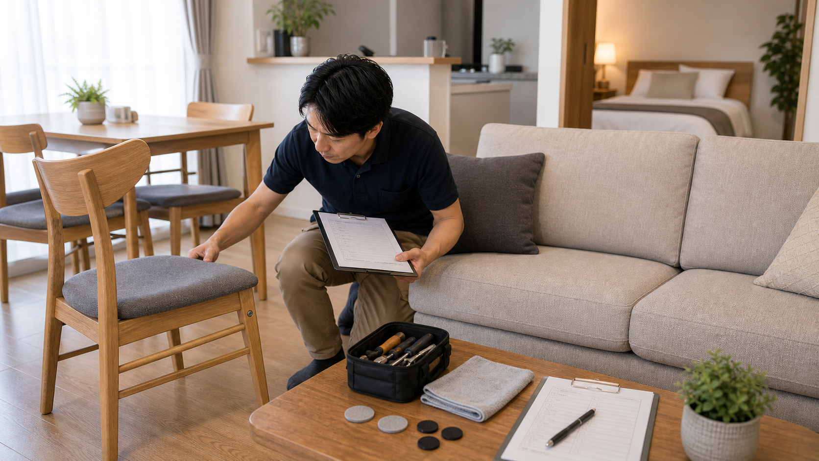 民泊家具のぐらつきや汚れを点検する様子