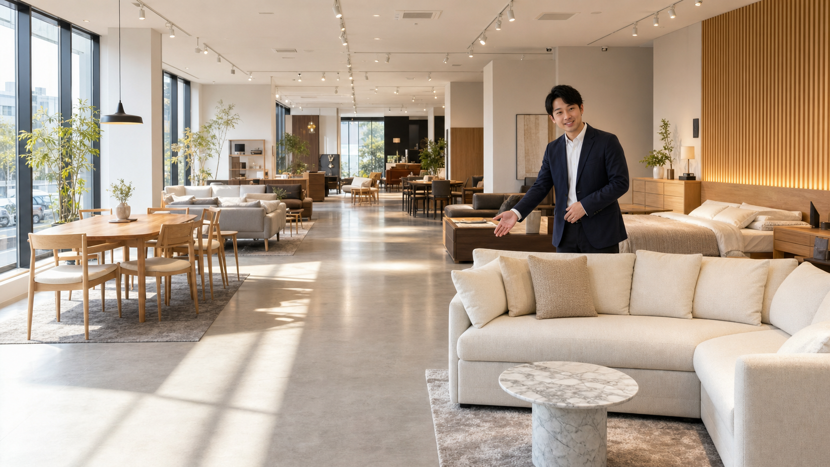 昼間の自然光が入る家具ショールームで商品を案内する担当者
