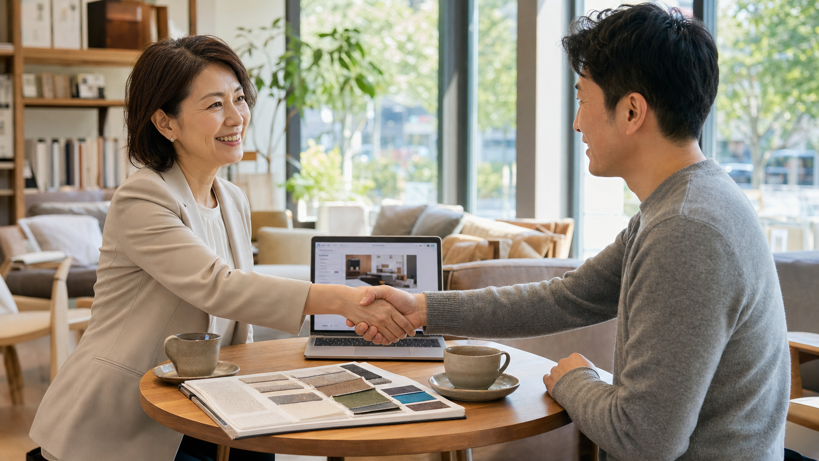 明るい家具ショールームで相談を終えて握手する担当者と顧客
