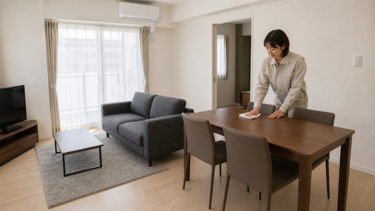 汚れに強く掃除しやすい家具を配置した民泊リビング