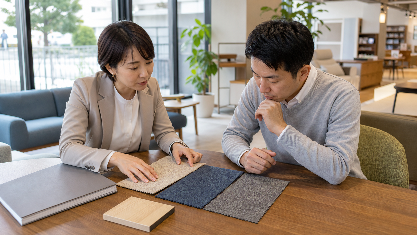 家具の素材サンプルとカタログを比較して相談する様子