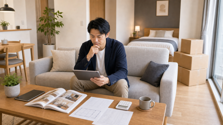 民泊の家具費用を計算する運営者と家具を設置した客室