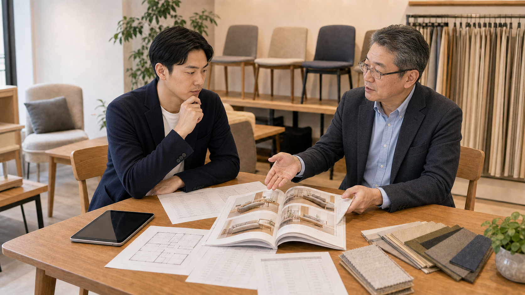 民泊家具の調達方法を相談する運営者と担当者