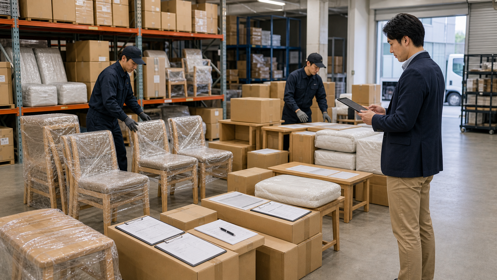 複数物件向け家具を一括管理する卸倉庫