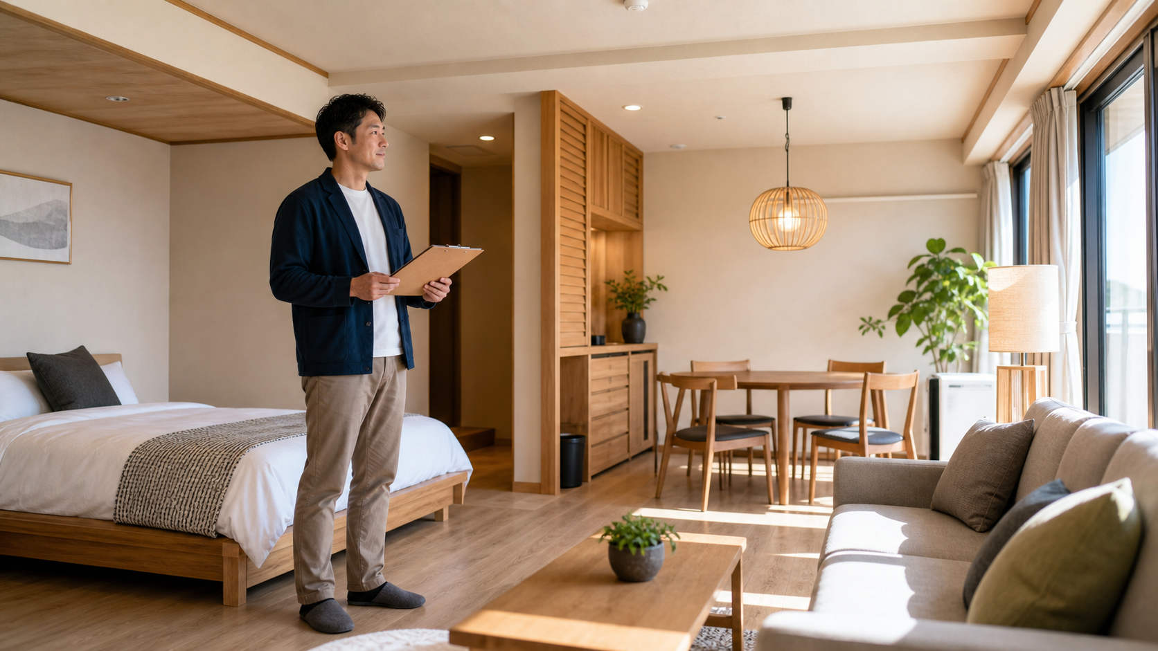 家具を設置した民泊客室で最終確認する運営者