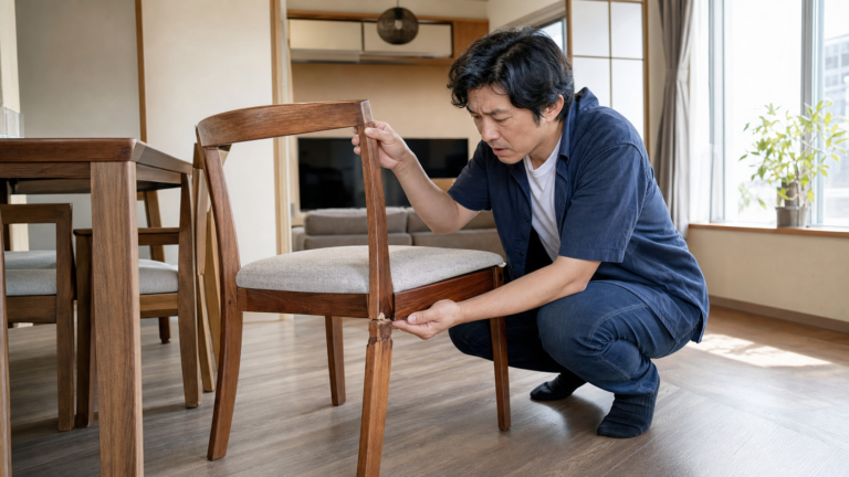 壊れたダイニングチェアを確認する民泊オーナー