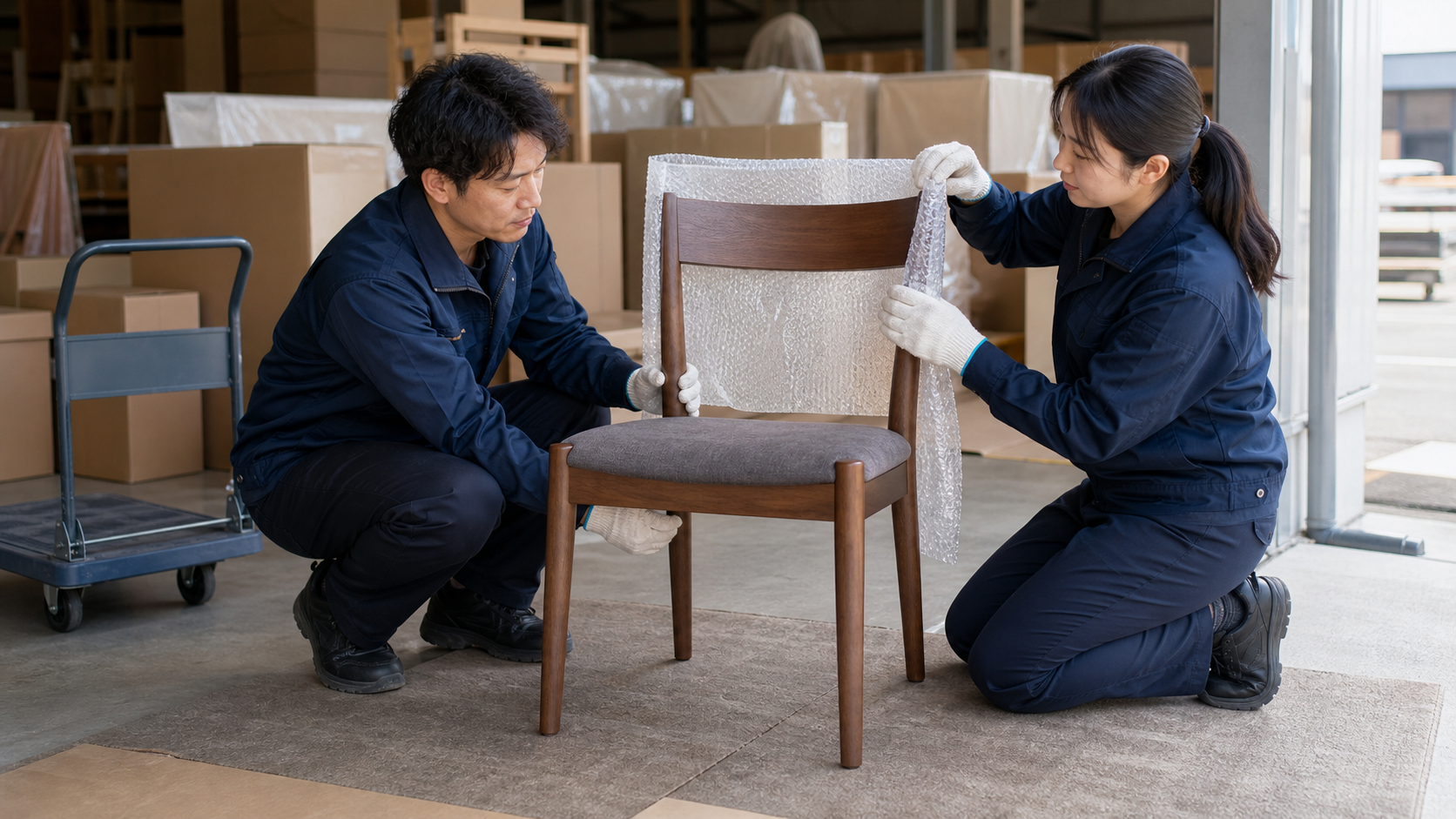 交換用の民泊家具を梱包して出荷するスタッフ