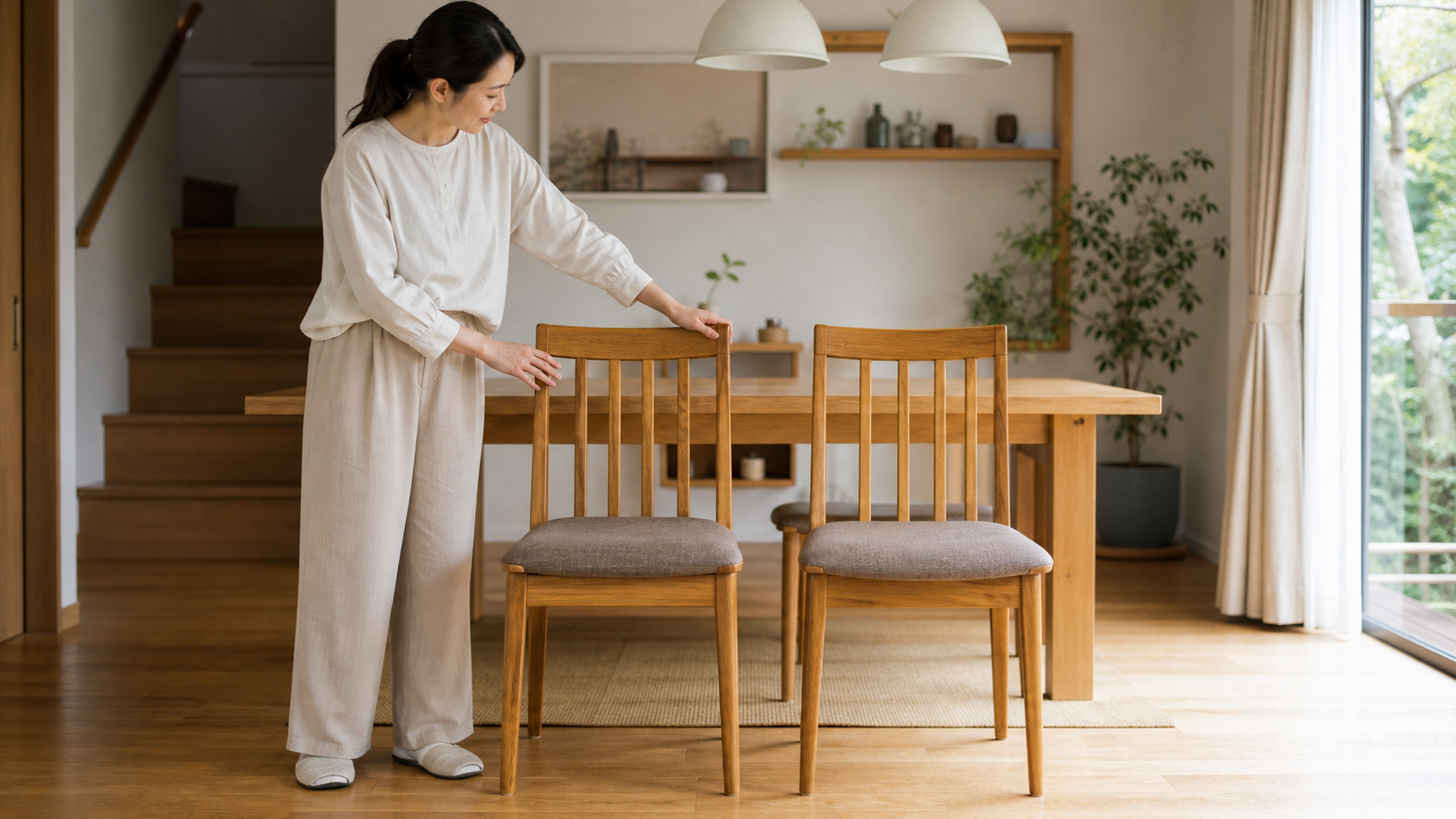 既存家具に合う交換用ダイニングチェアを比較する様子