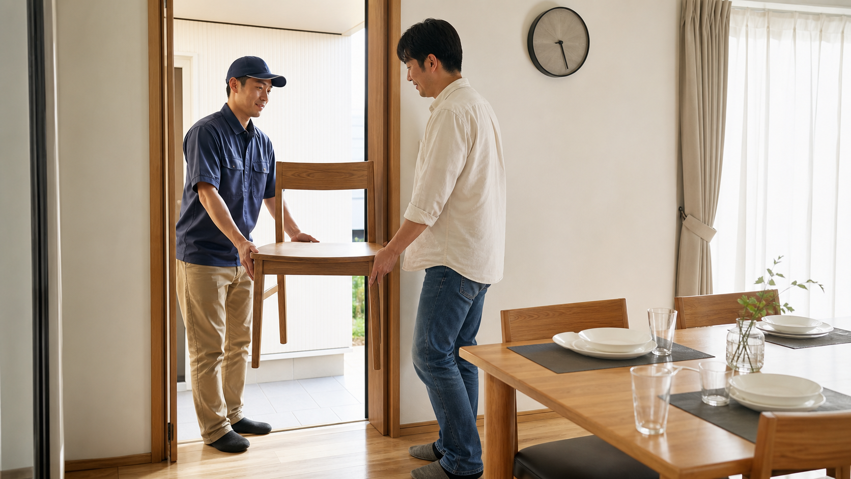 次の宿泊に備えて交換用チェアを緊急配送する様子